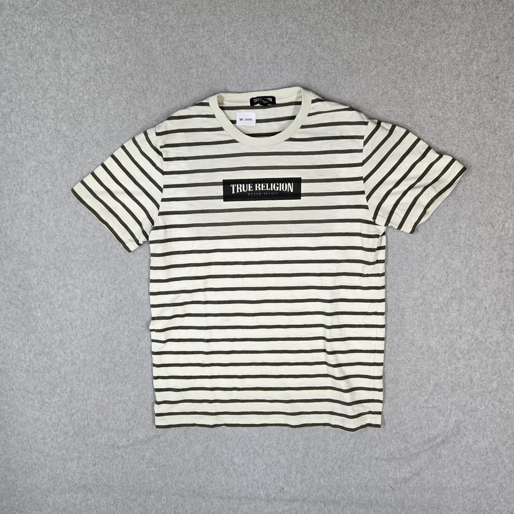True Religion Men Shirt M White Striped Spellout Logo Short Sleeve